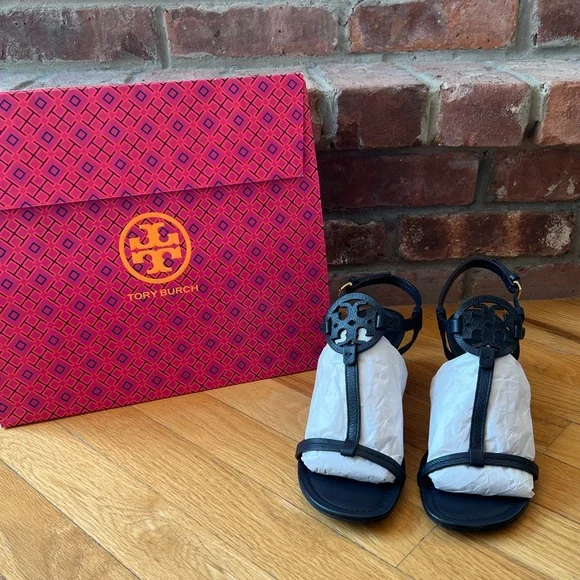 Tory Burch Navy Tumbled Leather Mini Miller 60MM Wedge Sandals - Picture 2 of 14